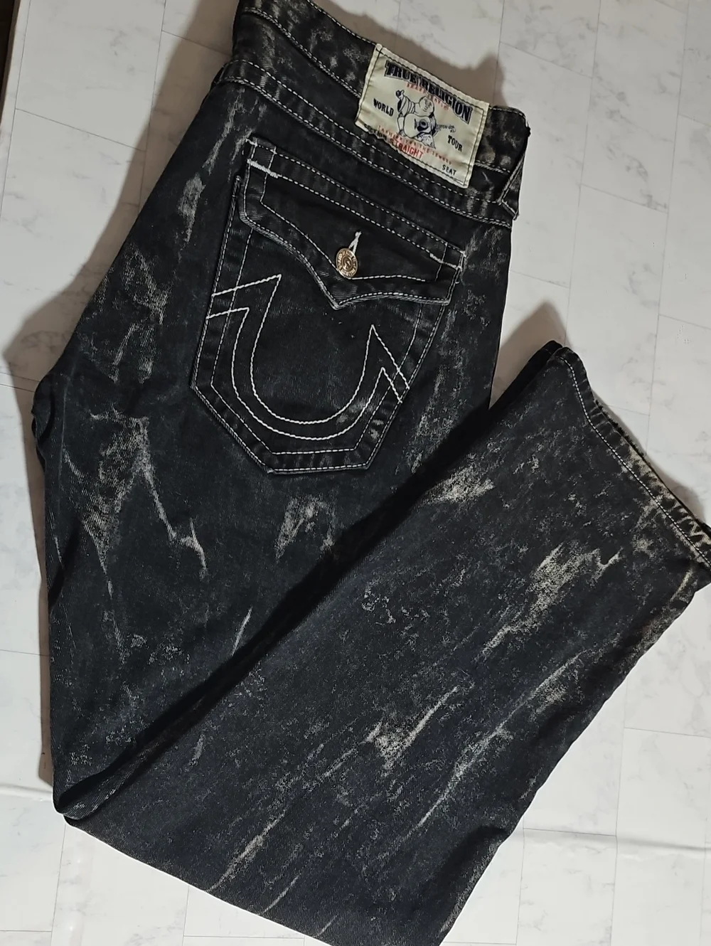True Religion Black Acid-Wash Slim Straight Jeans
